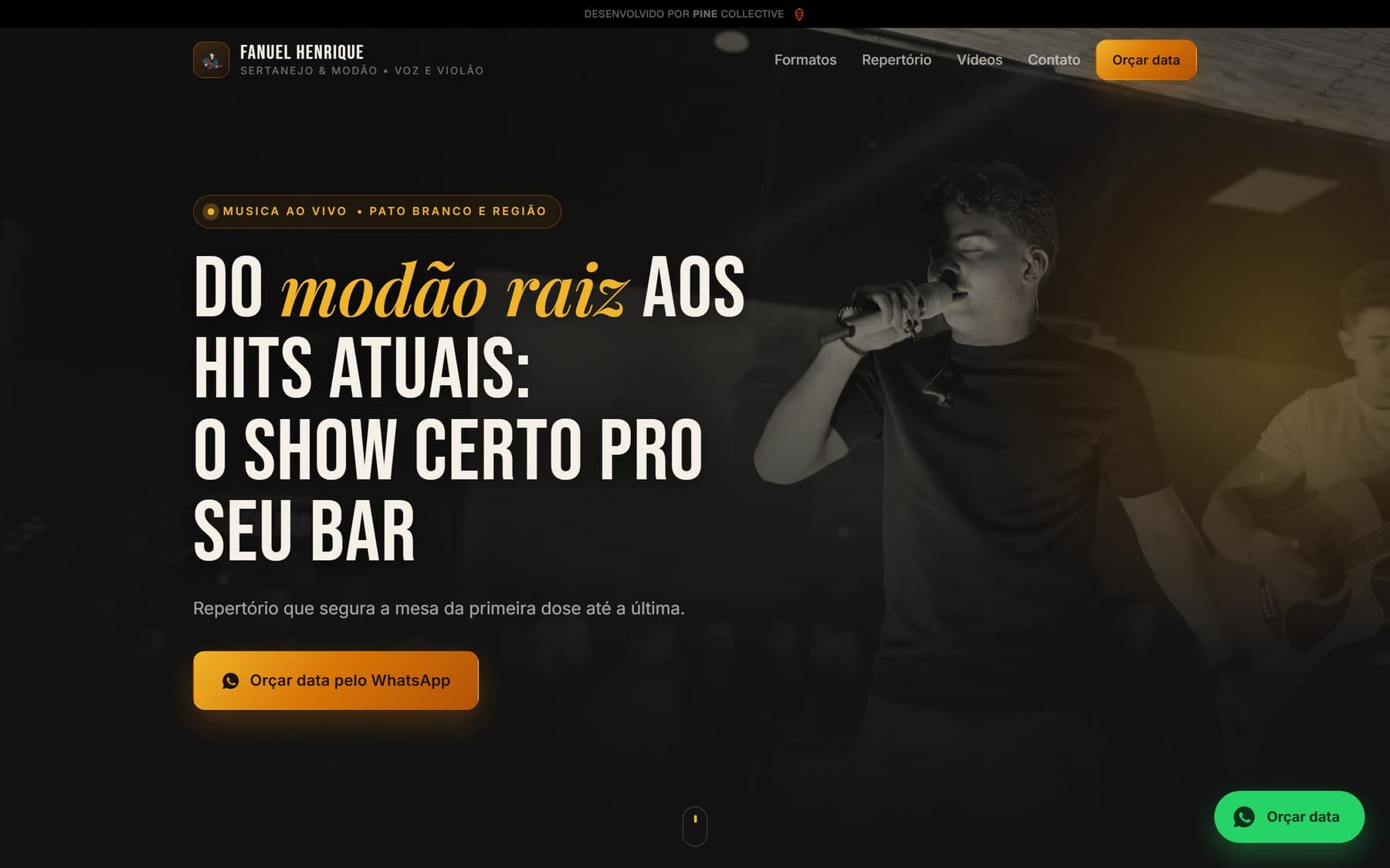 Topo do site do Fanuel Henrique, com a chamada sobre modão raiz e hits atuais e o botão de orçar data pelo WhatsApp
