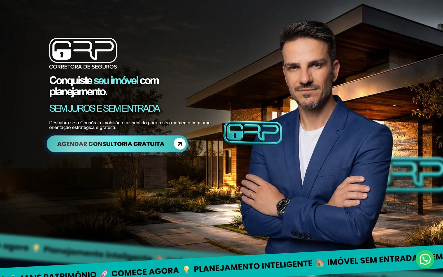 Topo da landing page da GRP Consórcios e Seguros, com a chamada sobre conquistar o imóvel com planejamento e o botão de consultoria gratuita
