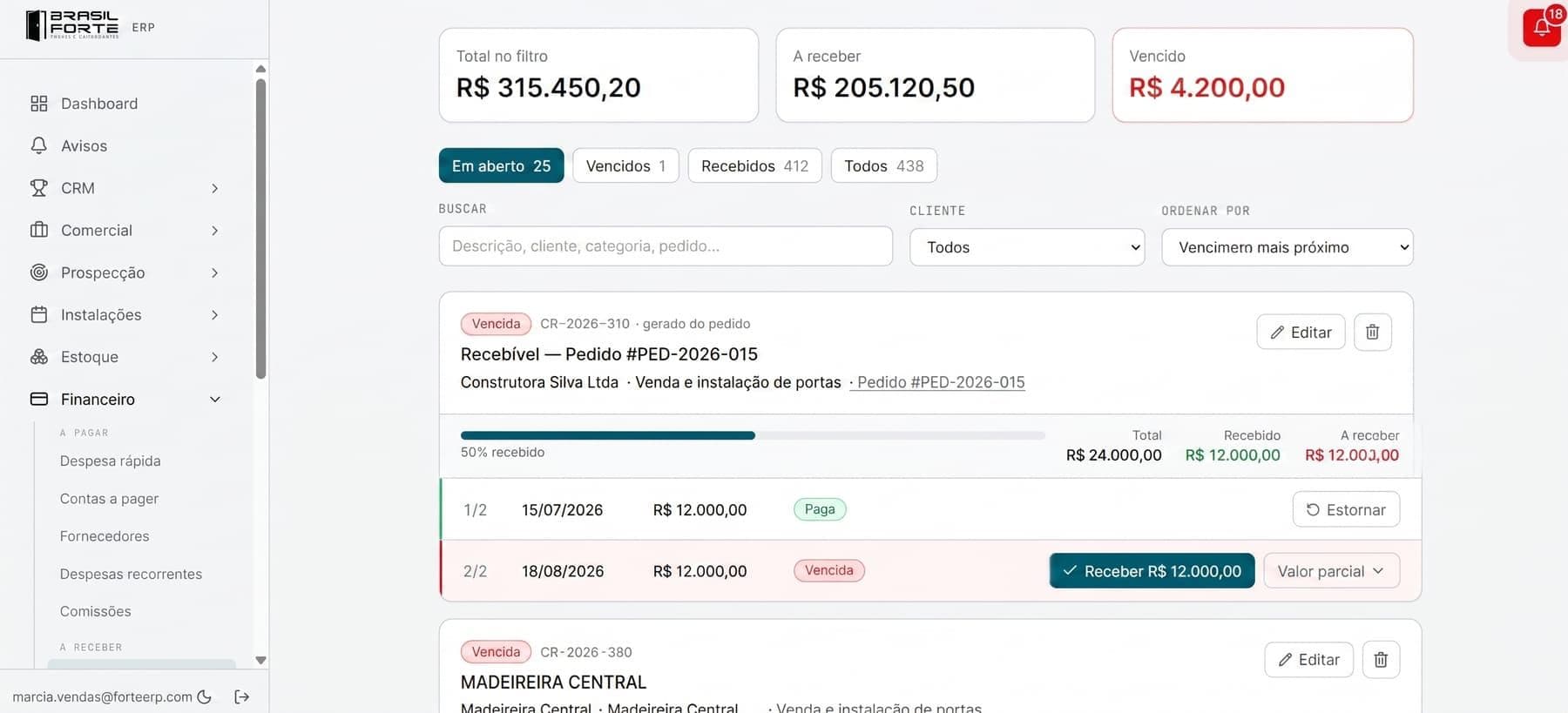 Módulo financeiro de contas a receber do ERP da Brasil Forte