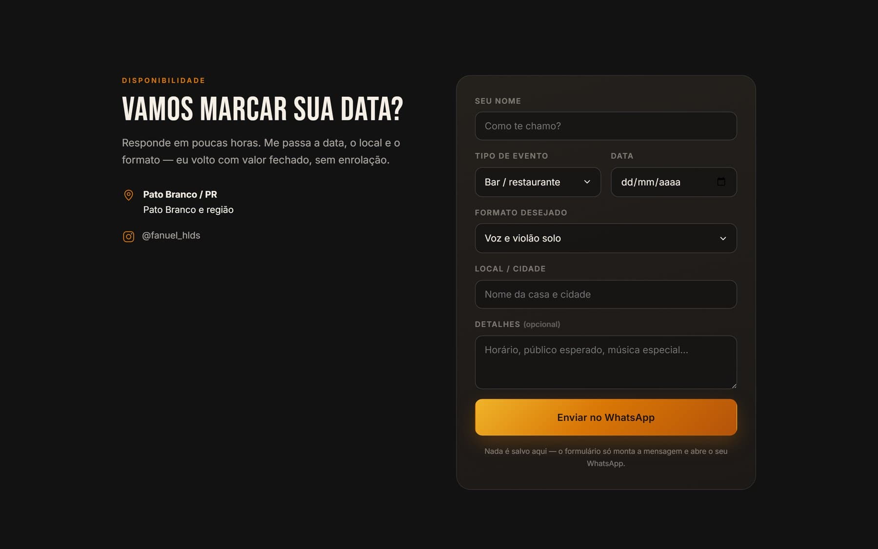 Formulário de disponibilidade do site do Fanuel Henrique, que monta a mensagem de WhatsApp sem salvar dados