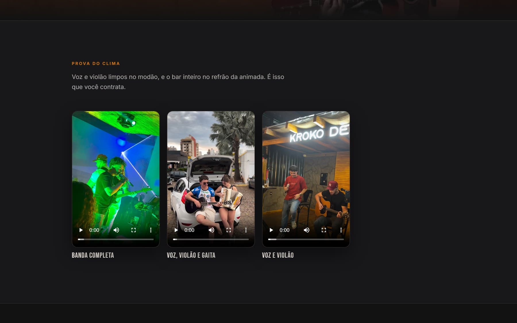 Vídeos verticais dos três formatos de show no site do Fanuel Henrique