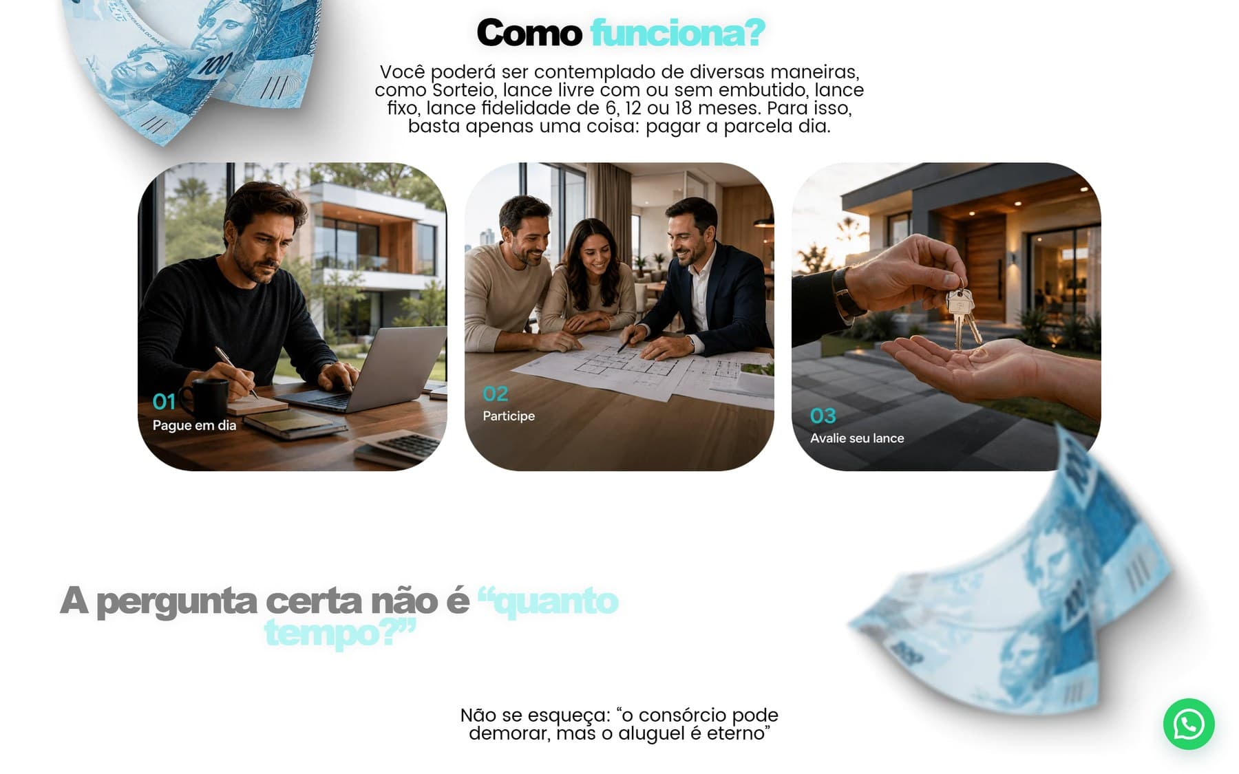 Seção que explica as formas de contemplação do consórcio em três passos, na landing page da GRP