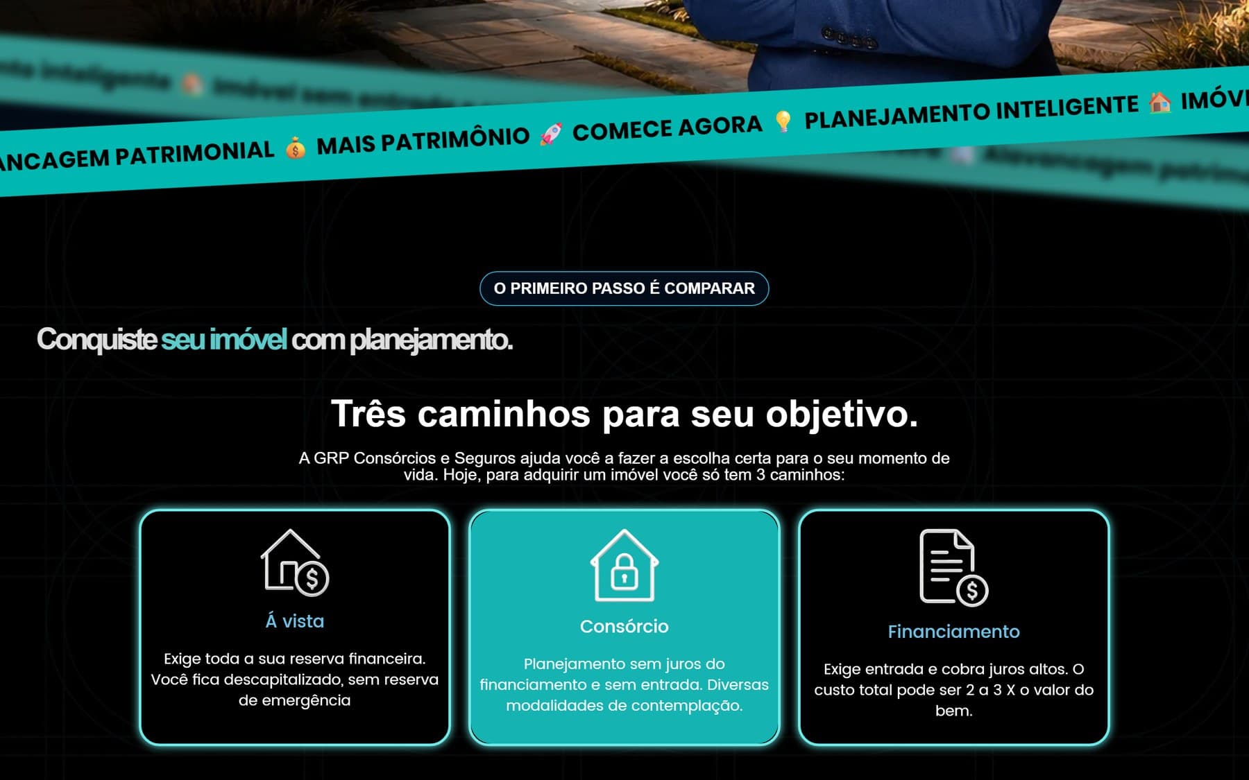 Comparativo entre comprar à vista, consórcio e financiamento na landing page da GRP