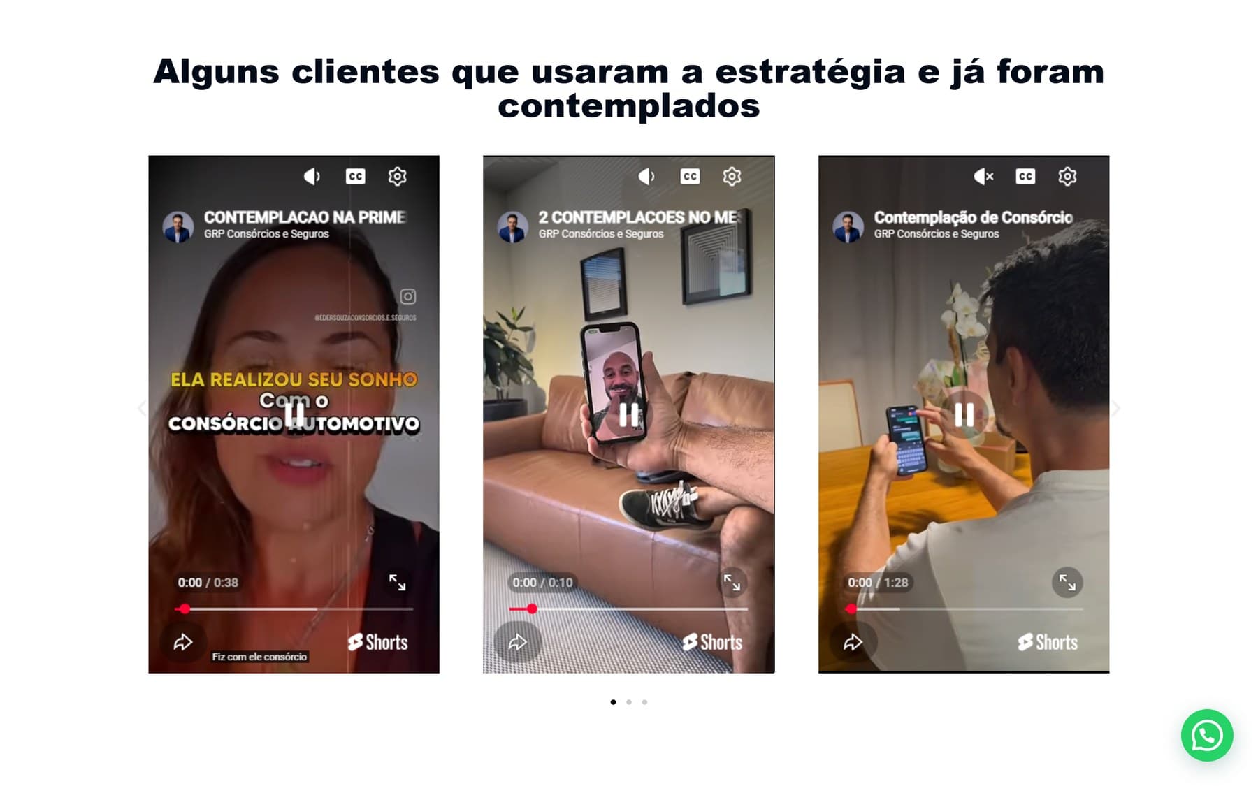 Carrossel de depoimentos em vídeo de clientes contemplados na landing page da GRP
